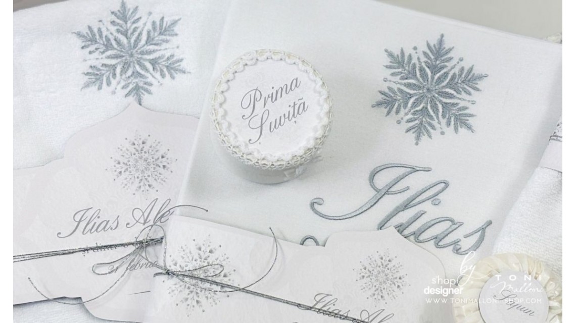 Trusou de botez alb cu gri si dantela bumbac brodata Fulg de Nea 14